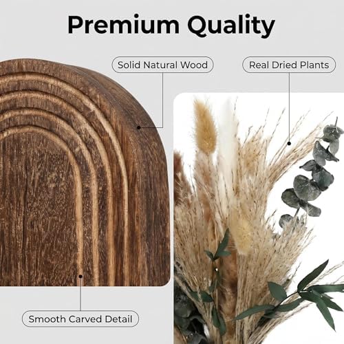 Set of 2 Wooden Wall Vases with Dried Pampas Grass & Eucalyptus, Boho Farmhouse Decor for Living Room, Entryway, Bathroom, Rustic Home Art(Dark Brown) - Image 3