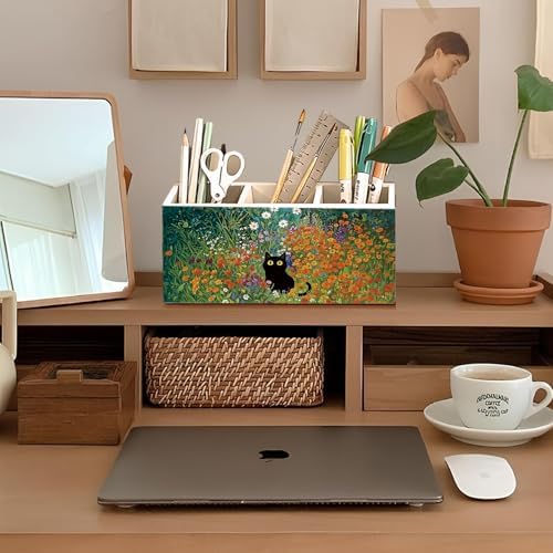 Black Cat Pen Pencil Holder for Desk, Black Cat Mom Lady Lovers Gifts for Women, Pet Lover Gifts, Cottagecore Wildflower Kitten Wooden Box Sign Decorations for Home Office Desk Tabletop - Image 3