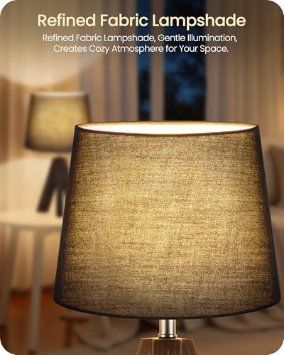 Small Table Lamp for Bedroom, 14.6" Bedside Lamp with Black Linen Shade & Walnut Wood Tripod Base, Modern Nightstand Lamp, Blak Lamp for Living Room, Nursery, Entryway, E26 Socket, VB51TL05 - Image 5