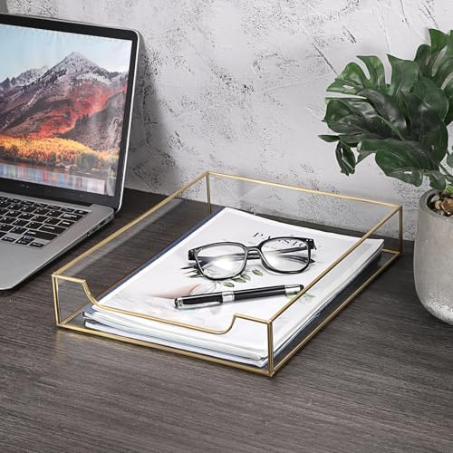 BTSKY 1 Pack Golden Glass Desk Tray, Multi-Purpose Organizer for A4 Paper, Documents, Desk Supplies, Makeup, Clear File Tray with Metal Frame, Stackable Decorative Storage for Home Office Vanity - Image 2