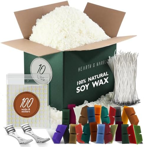 Hearth & Harbor Natural Soy Wax and DIY Candle Making Supplies - 10 Lbs Soy Candle Wax Flakes, 24 Candle Wax Dye Blocks, 100 Cotton Wicks, and 2 Metal Centering Device by HearthHarbor