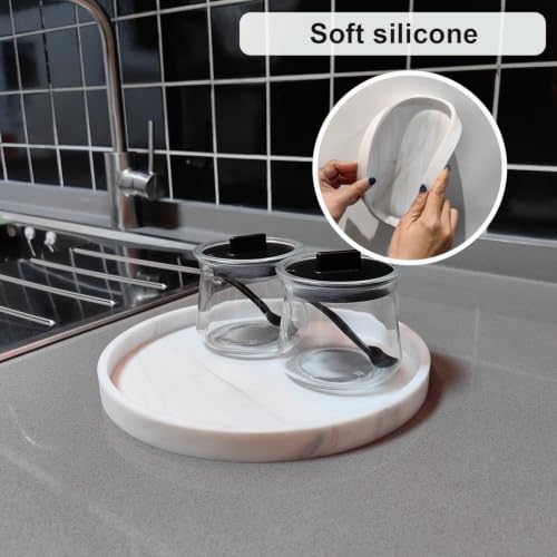 Silicone Bathroom Tray, Round Vanity Tray, 9" Marble White - Image 3