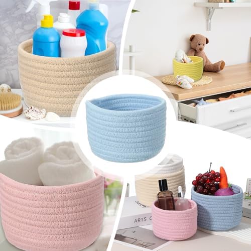 uxcell Blue Small Cotton Rope Woven Storage Basket, Shelf Closet Storage Gift Woven Baskets Cute Nursery Box Bin Decor Organization Bin for Home Supply, Round, 5.6x3.6 - Image 6