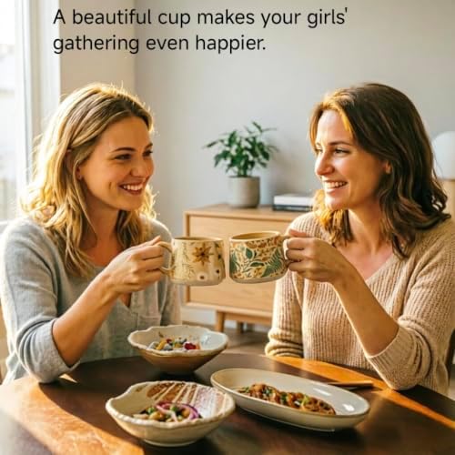16OZ Ceramic Coffee Latte Mug, Cute Cup for Women, Ideal for Green Tea or Coffee,Hand Painted Floral Design Pottery Mug (cyan) - Image 4
