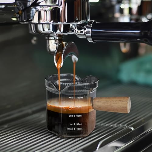 Joeyan 4 oz Grey Double Spouts Measuring Triple Pitcher Milk Cup with Wood Handle,Ribbed High Borosilicate Glass Measuring Cup, Espresso Shot Glasses - Image 3