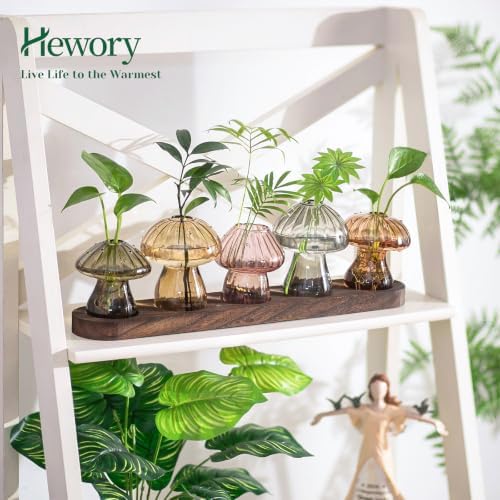 Hewory Plant Propagation Stations: 5PCS Amber Mushroom Vase with Wood Tray - Image 3