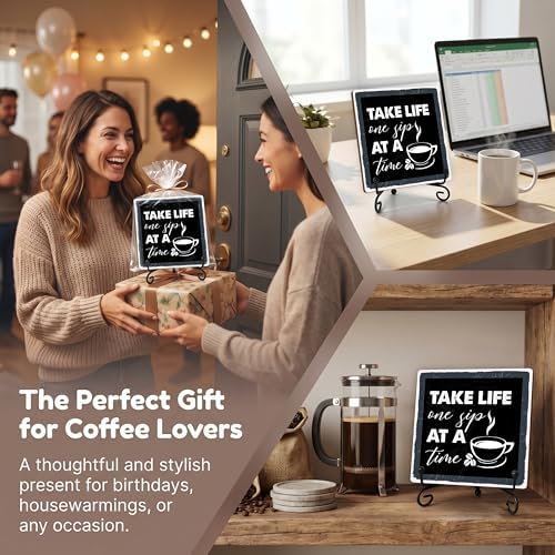 Coffee Bar Sign, Take Life One Sip at A Time Sign, Coffee Lover Gifts, 5x5 Wood Plaque with Iron Stand, Coffee-Themed Decor for Home or Cafe Tabletop – A04 - Image 6