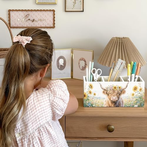 Highland Cow Floral Pen Pencil Holder for Desk, Highland Cow Gifts, Western Office Decor, Rustic Western Cattle Farm Animal Wooden Box Sign Decorations for Home Office Desk Tabletop - Image 4