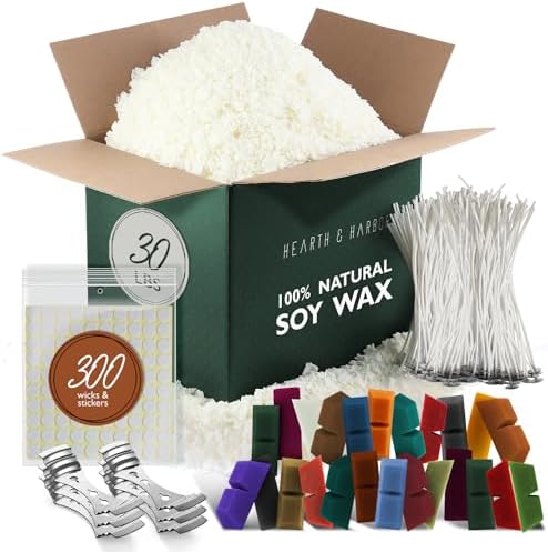 Hearth & Harbor Natural Soy Wax and DIY Candle Making Supplies - 30 Lbs Soy Candle Wax Flakes, 24 Candle Wax Dye Blocks, 300 Cotton Wicks, and 6 Metal Centering Device by HearthHarbor