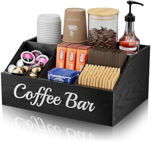 Coffee Station Organizer for Countertop – Wooden Coffee Bar Organizer with Adjustable Dividers,Holds K Cup Pod & syrup bottles, for Kitchen, Office, or Bar and Tea Station, Black by Unknown