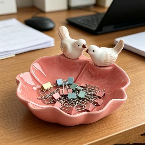 Ceramic Jewelry Tray Trinket Dish, Cute Bird & Lotus Leaf Design, Ring Holder, Seasoning Condiment Dish, Aesthetic Vanity Desk Decor for Bedroom Bathroom (pink) - Image 7