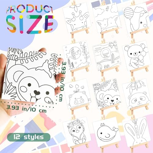 48PCS 12 Sets Printed Canvas Paint Art 12 Pcs Wooden Easel Set Paint Pots and Brushes and 12 Pre Drawn Canvas Panel 12 Pcs Mini Apron and Tote Bag for Kids(Dainty) - Image 2