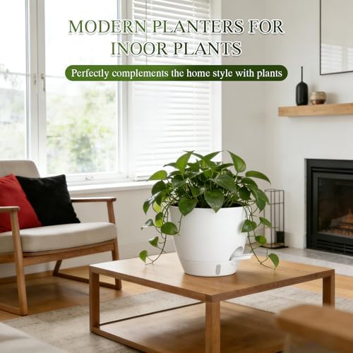 Self Watering Pots with Drainage Holes, 2 Pack 10 Inch Plant Pots with Water Level Indicator Deep Reservoir, Large Plastic Planter for Indoor Outdoor Plants - White - Image 7