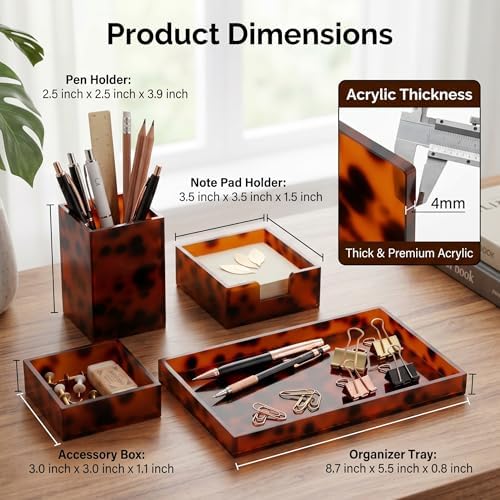 4 Pcs Aesthetic Desk Organizer Set Desk Tray, Pen Holder, Paperclip Storage and Sticky Note Holder Tortoiseshell Office Desktop Decor Accessories for Women or Men - Image 2