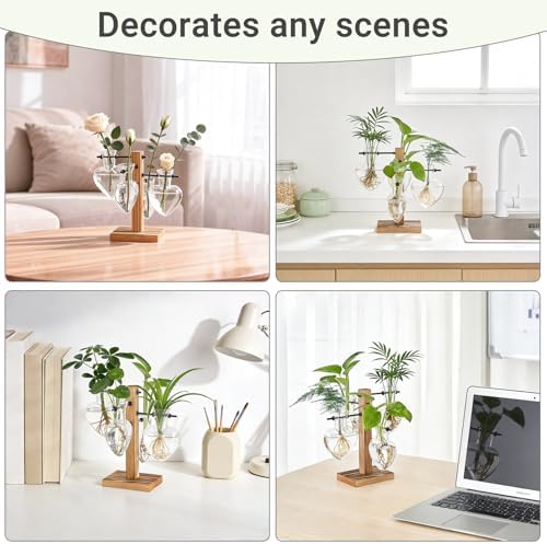 Mkono Propagation Stations,4 Heart Shaped Glass Plant Vases with Wood Stand - Image 3