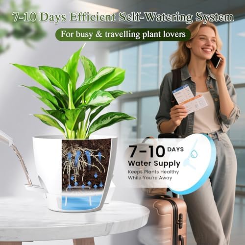 Self Watering Pots with Drainage Holes, 2 Pack 8 Inch Plant Pots with Water Level Indicator Deep Reservoir, Large Plastic Planter for Indoor Outdoor Plants - White - Image 4