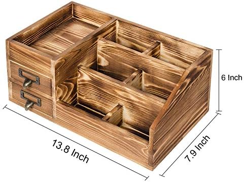 Liry Products Rustic Wooden Desktop Organizer Office Supplies Brown Tabletop Storage Cabinet Stepped Rack Multiple Compartments 2 Tier Drawers Makeup Accessory Jewelry Sorter Display Box Home Office - Image 4