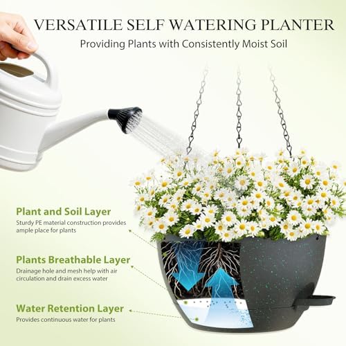 10 Inch Hanging Baskets 2 PC with Chains, Self-Watering Hanging Planters for Indoor Outdoor Plants, Plastic Hanging Flower Pots,Black with Green Speckles - Image 4