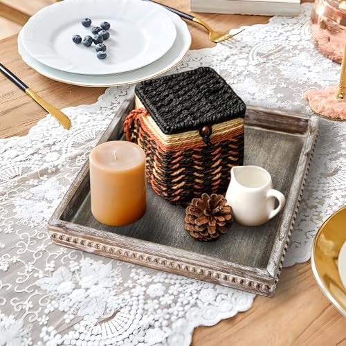 Wooden Decorative Tray, Small Serving Tray with Wood Bead, Farmhouse Big Tray for Ottoman, Countertop, Coffee Tabl, 13" x 13"x 1.6" (Retro Brown) - Image 3