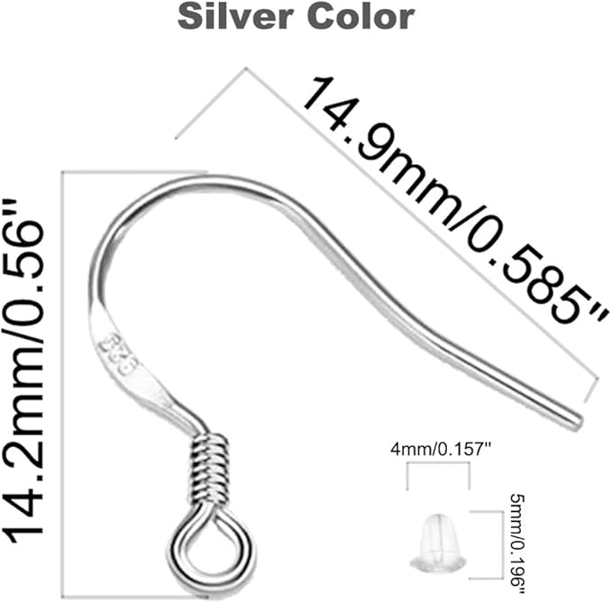 Hypoallergenic Silver Earring Hooks - 120 pcs/60 Pairs s925 Sterling Silver Plated Ear Wires for Jewelry Making, Jewelry findings Parts with 120 pcs Rubber Earring Backs Stopper for DIY Earrings