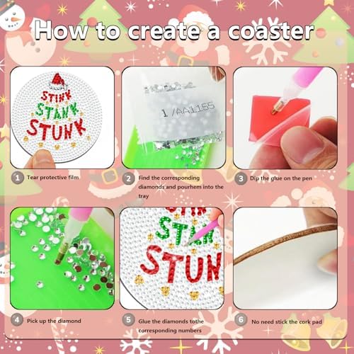 8 Pcs Christmas Diamond Art Painting Coasters Christmas Letter Coasters Funny DIY Diamond Coasters Kits with Holder Diamond Craft Painting Kits Supplies for Winter Gift - Image 3