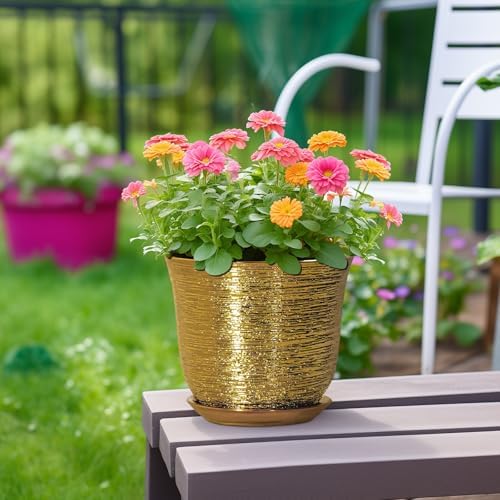 Ceramic Plant Pots - 8 Inch Plant Pot with Drainage Hole and Saucer, Round Planter for Indoor Outdoor, Modern Flower Pot, Decorative Planter, Garden Home Office Decor, Gardening Gifts, Gold - Image 4