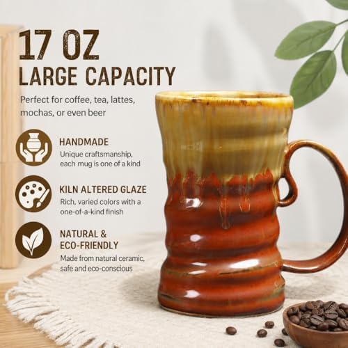 17oz Large Unique Cool Tall Handmade Ceramic Coffee Mug with Comfortable Big handle, Big Pottery Tea Mug, Artisanal Stoneware Coffee cup, Rustic Lead-free Tea Cups, Microwave safe,Brown and Red - Image 2