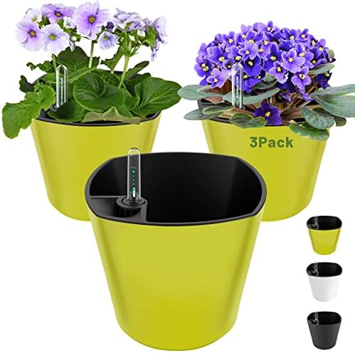 Self Watering Planters for Indoor Plants 7 inch Flower Pot with Water Level Indicator Lemon Green 3 Pack African Violet Self Watering Pots for All Orchid Agave by GsGardenSpecialty