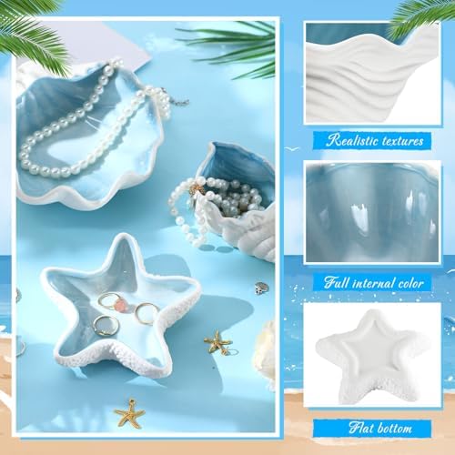 Teenyyou 3 Pcs Ceramic Seashell Jewelry Holder Conch Seashell Bowl, Blue - Image 2
