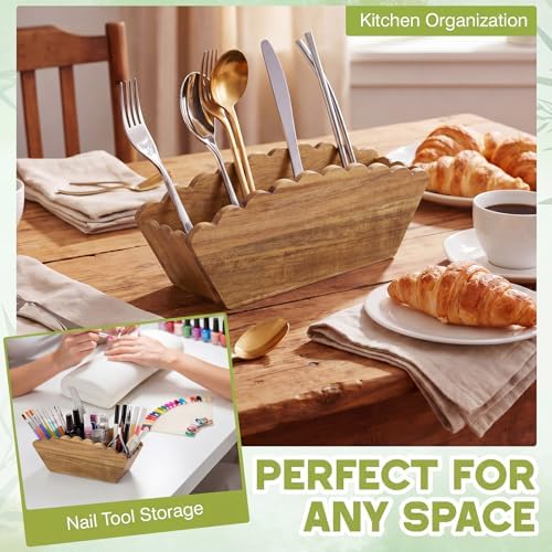 Jetec Scalloped Acacia Pencil Holder, 4 Compartment Wooden Desk Organizer - Image 6