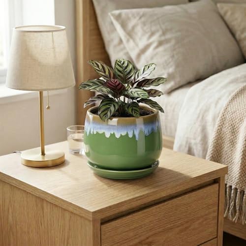 Ceramic Planter 6 Inch - Ceramic Pots for Plants with Drainage and Saucer, Decorative Small Succulent Pots for Indoor Plants, Round Plant Pot, House Decor, House Warming Gifts, Green-Blue - Image 6