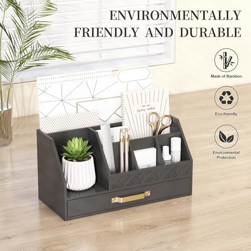 Wisuce Bamboo Mail Organizer Countertop with Drawers, Wooden Desk Organizer File Bill Sorter Storage Box for Desktop Letter Envelope Countertop Holder for Office Home School Organization - Image 2