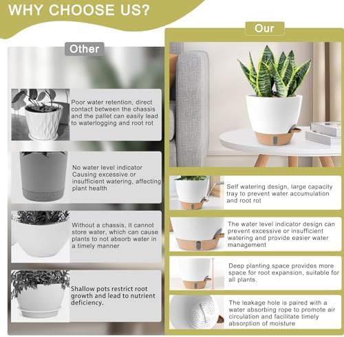 Self Watering Pots for Indoor Plants, 3 Pack 12/10/8 Inch, Large Planter with Water Reservoir, Modern Decorative Flower Pots for Home & Office White - Image 6