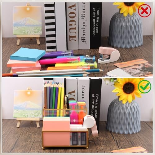 Glass Pen Holder for Desk,Gold Pencil Holder with 3 Compartments,Small Desk Organizer for Pens/Pencils/Sticky Notes,Stylish Clear Pen Organizer for Home Office Desk - Image 4