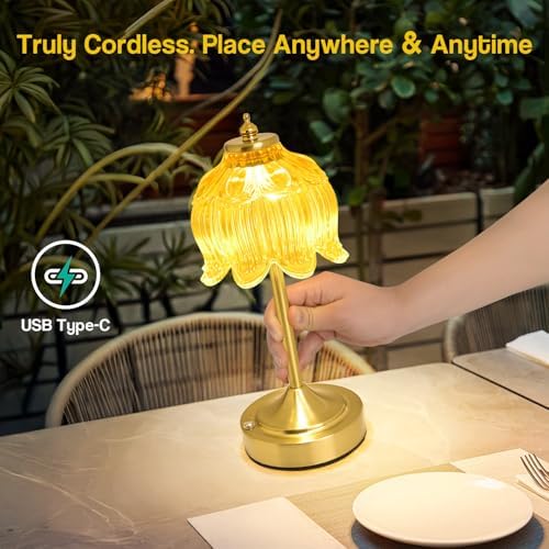 Cordless Table Lamp, Rechargeable Honey Gold Glass Lotus Flower Lamp - Image 2