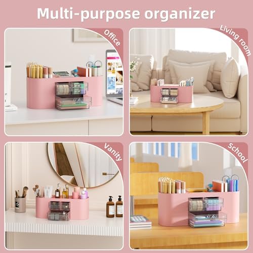 Marbrasse Desk Organizer Pen Holder for Desk with 3 Drawers, Multi-Functional Pencil Holder, Desk Organizers and Accessories with 7 Compartments for Home, School, Classroom(Pink) - Image 6