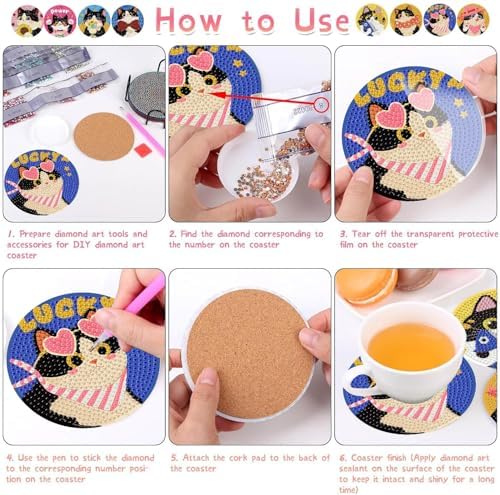 TCDZMYGS 8 Pcs Diamond Art Coasters Kit, Cute Cat Diamond Painting Coasters Kits for Adults, 5D Full Drill Diamond Dot Gem Art Craft Kit with Holder, Fun DIY Non Slip Coaster for Home Decor - Image 5