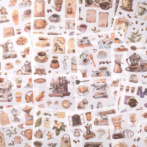 YagCu Coffee Sticker Book, 50 Sheets Journaling Stickers, Junk Journal Supplies, Pre-Cut Aesthetic Washi Materials, Watercolor Scrapbook Stickers for Adults, Decorative Ephemera Planner DIY Arts Craft - Image 6