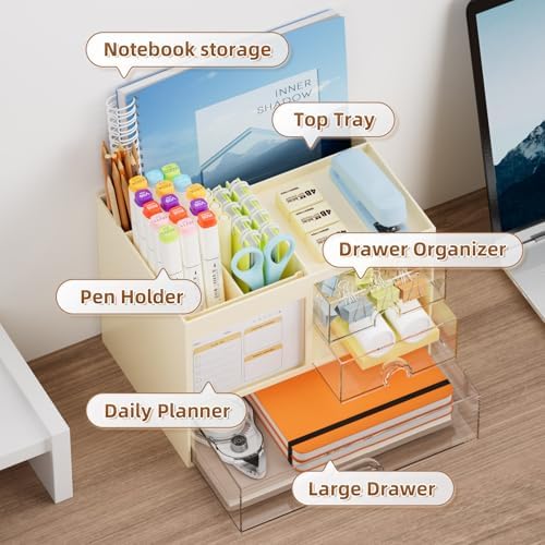 Marbrasse Desk Organizer with 3 Drawer, Multi-Functional Pencil Pen Holder for Desk, Desktop Organizer Storage for Office Home Art Supplies (Beige) - Image 2