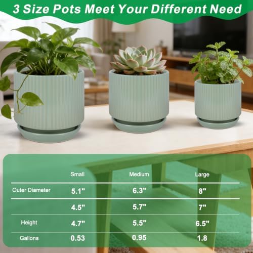 Ceramic-Flower-Pots-Sets-with-Saucer, 5/6/8 inch Small Planters for Indoor Plants with Drainage Hole, White Vertical Stripe Plant Pots for Home Decor, Outdoor Garden Pot For Succulent Cactus Herb - Image 3