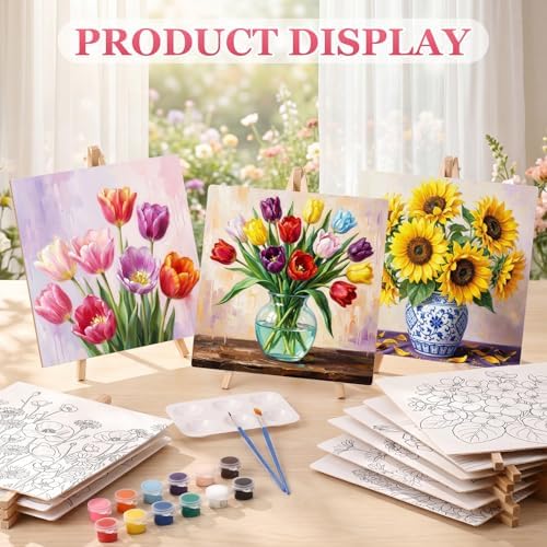 Supervitae 72 Piece Rustic Flowers Square Pre Drawn Canvas Kit 8" Paint and Sip Kit for Adults Painting Party Pre Printed Canvas DIY with Pictures Paints Easels Brushes for Party Gifts - Image 4
