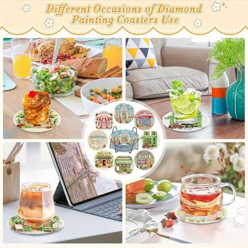 Clendo 8 Pcs Book Shop Diamond Art Coasters Kit - DIY 5D Small Diamond Painting Coasters with Holder, Mini Diamonds Arts Kits for Adults Coaster, Gem Art Arts and Crafts for Adults - Image 5