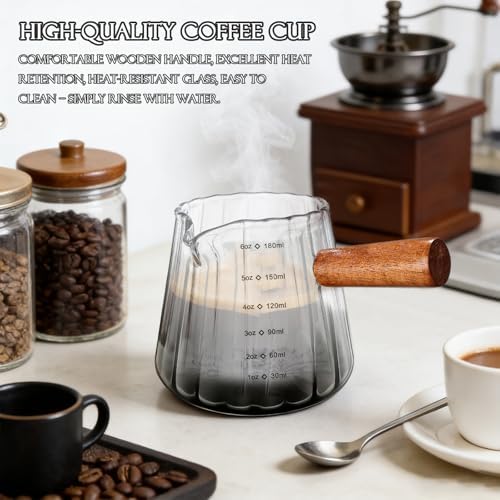 6OZ Wooden Handle Espresso Measuring Cup, Borosilicate Glass Milk Frothing Pitcher with Double Scale & V-Shaped Spout, Dishwasher Safe Coffee Accessories - Image 3
