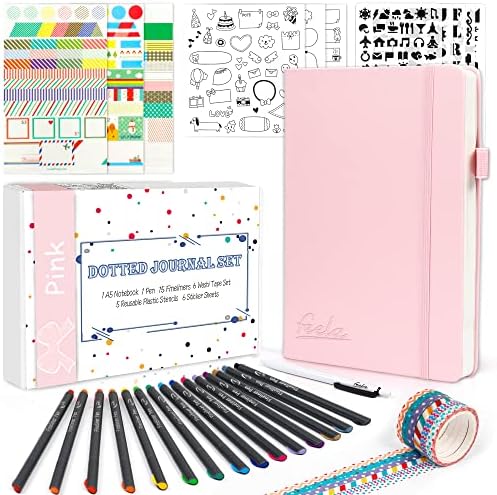 feela Dotted Journal Kit, Dot Grid Journal Hardcover Planner Notebook Set For Beginners Women Girls Note Taking with Journaling Supplies Stencils Stickers Pens Accessories, A5, 224 Pages, Pink by feela