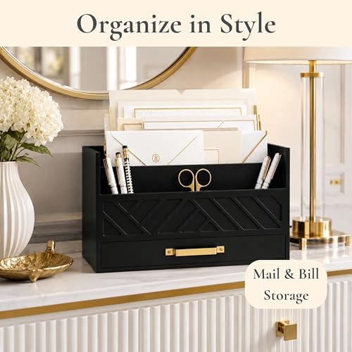 BLU MONACO | Wooden Mail Organizer with Drawer and Gold Handle | Mail Sorter Organizer Countertop for Desk | Outgoing Mail Holder and Letter Sorter for Desk Storage - Image 3