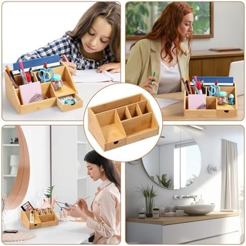 Bamboo Caddy Desk Organizer and Storage with Drawer and Compartment, Storage Shelf Rack Book Shelf for Home Office - Image 6