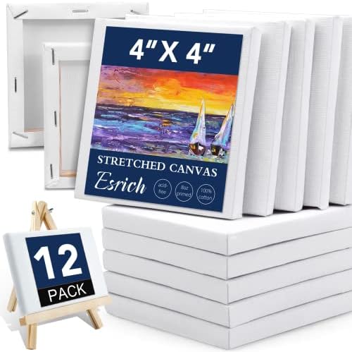 ESRICH Mini Stretched Canvas 12 Pack 4x4inch, 2/5''Profile Art Primed Canvases for Painting, 100% Cotton Small Professional Stretched Canvas for Kids and Art Supplies,for Acrylics,Oils&Other Painting. by ESRICH