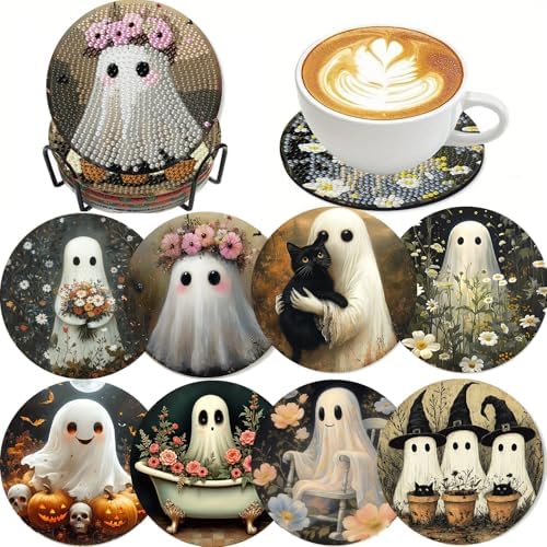 LWZAYS 8 PCS Halloween Ghost Diamond Art Coaster Kits with Holder - Horror Diamond Painting for Adults Beginners - 5D Gem Art Dots Paintings with Cork Pads - Crafts Supplies by LWZAYS