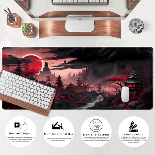 Riverside Full Moon Desk Pad Black Red Desk Mat Japanese Anime Extended XXL Keyboard Pad for Desk Gaming Computer Laptop Office Mouse Pad with Stitched Edges Non-Slip Large Computer Mat 31.5x11.8 in - Image 5