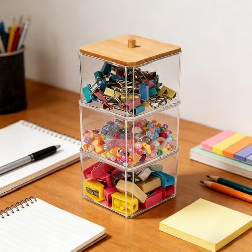AKAZA Clear paper clip organizer with Bamboo Lid - 3-Layer paper clip holderfor Desk, Vanity, Bathroom, Drawer Storage, Makeup Brush & Qtips Holder, Aesthetic Home Office Supplies (Clear) - Image 4